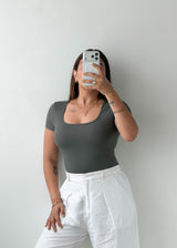 Size S-M Olive Ribbed Square Neck Bodysuit