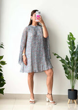 Size M-L, Pastel Floral Cape Sleeve Mini Dress