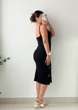 Size S-M Black Floral Embroidered Knit Midi Dress