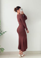 Size XS-M Brown Off-Shoulder Ruched Midi Dress