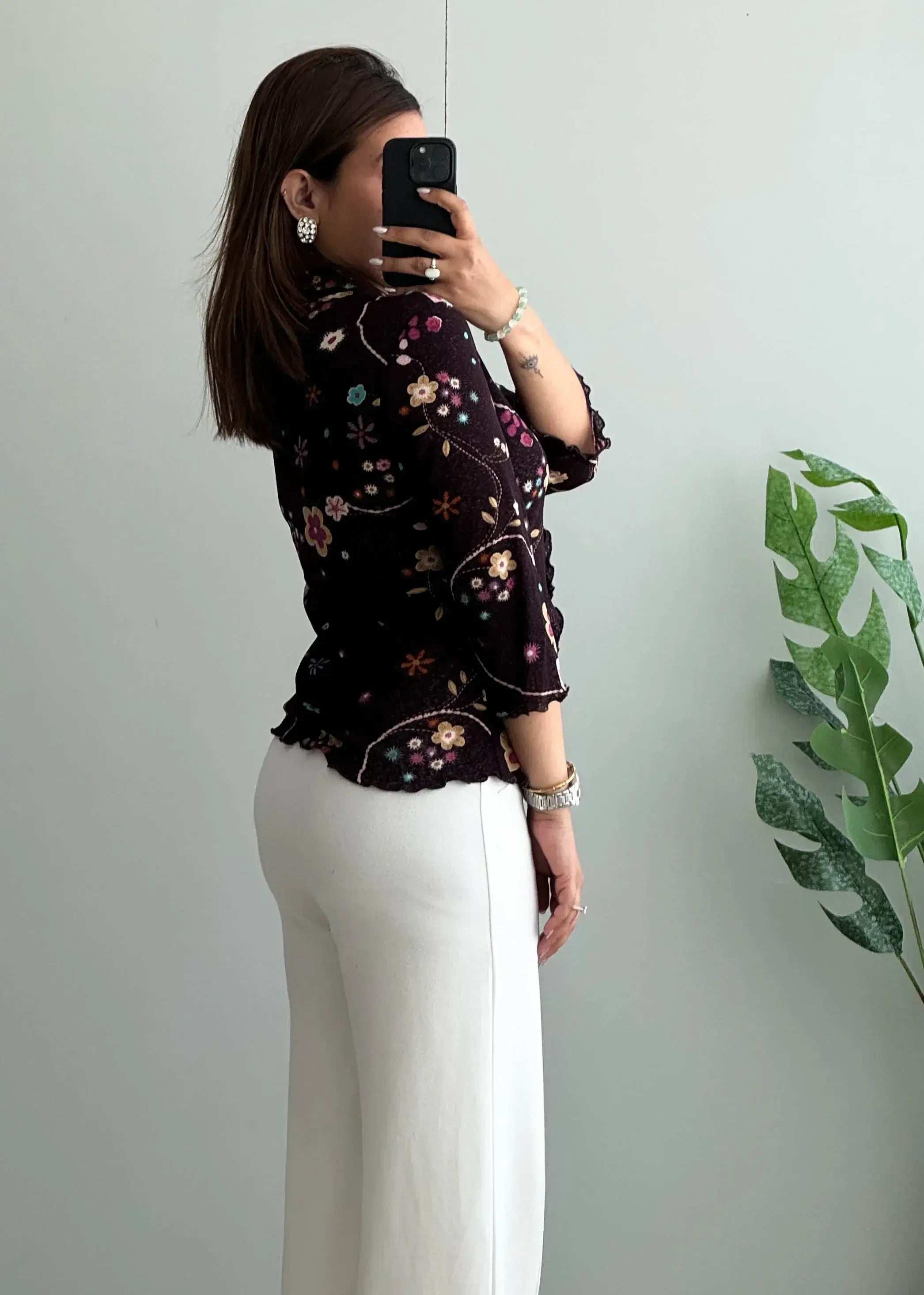 Size S-M, Brown Floral Ruffle Long Sleeve Top - Closet by Payal