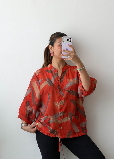 M-L Orange Abstract Oversized Soft Chiffon Shirt