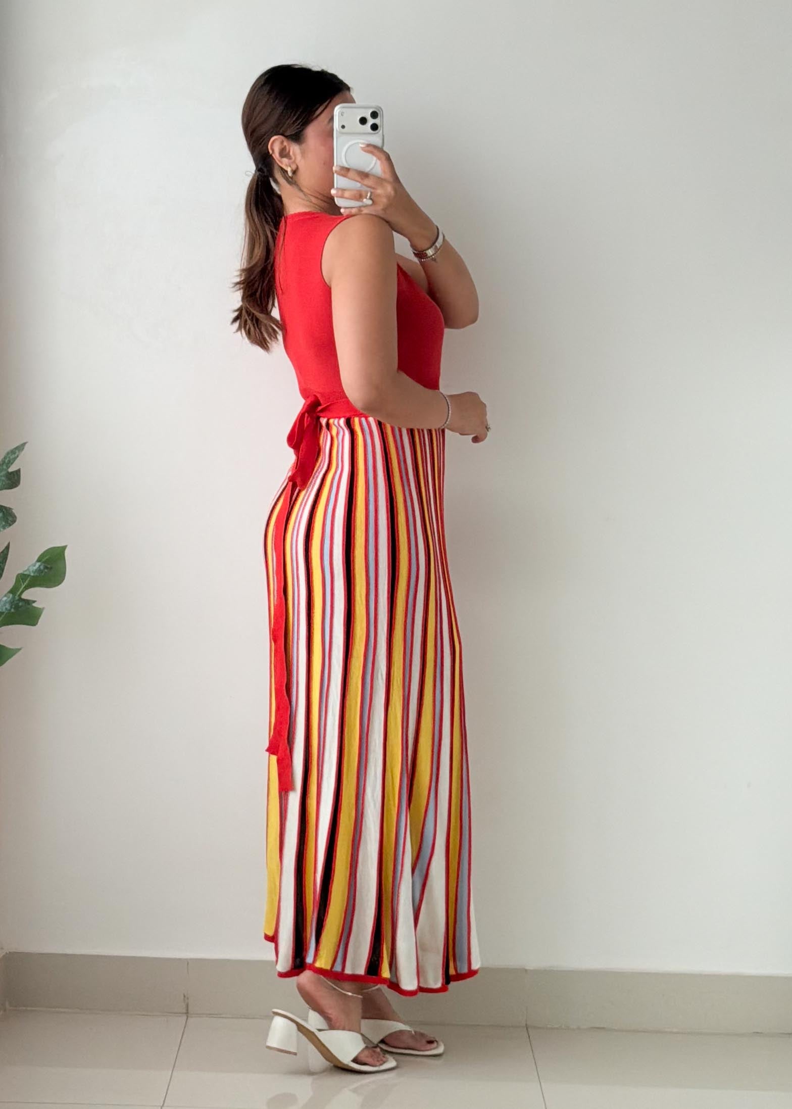 Size XS-S Red Multicolor Striped Knit Maxi Dress