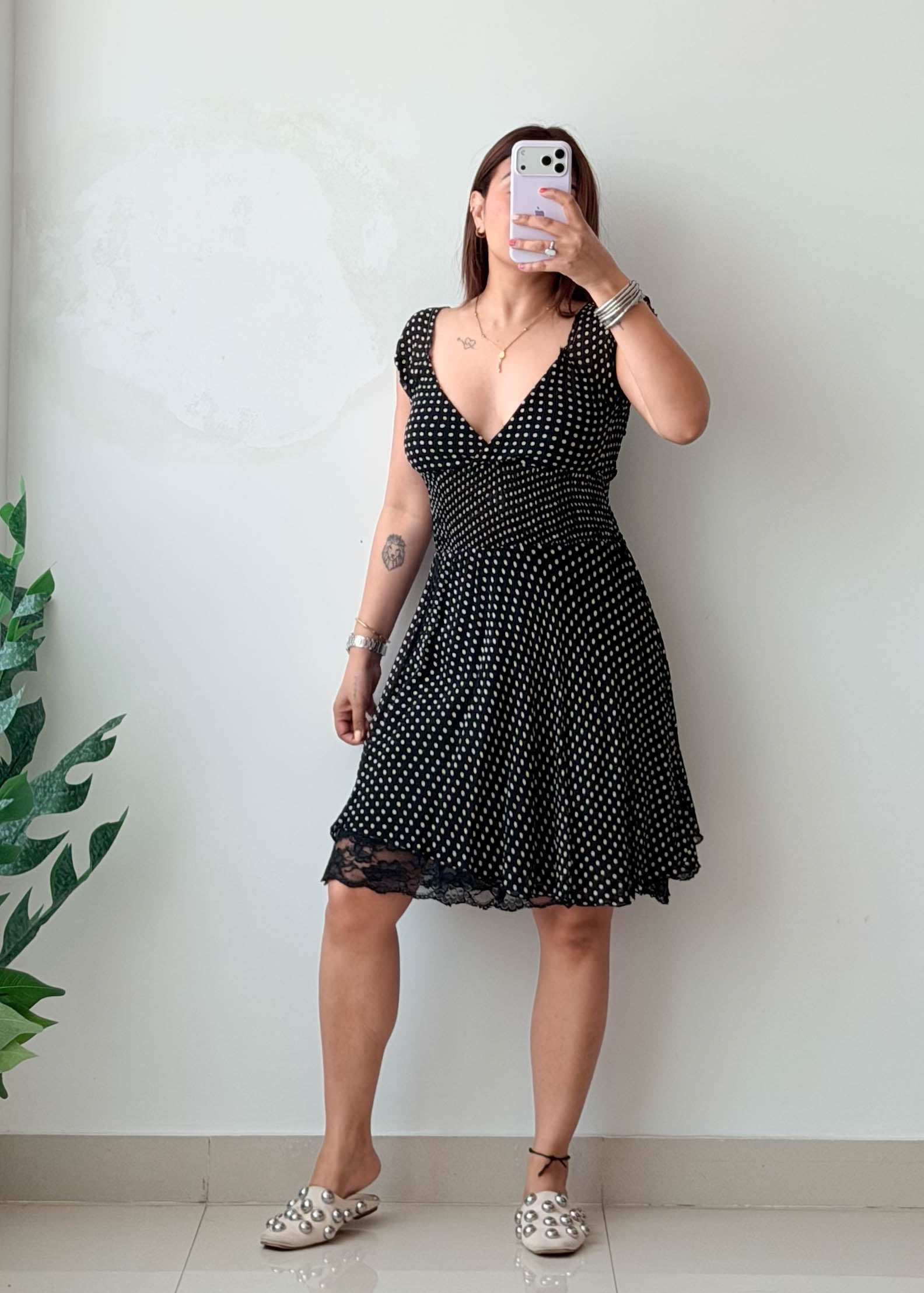 Size XS-S Black Polka Dot Cotton Fit & Flare Dress