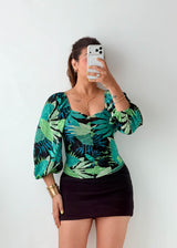 Size XS-S Green Tropical Puff Sleeve Top
