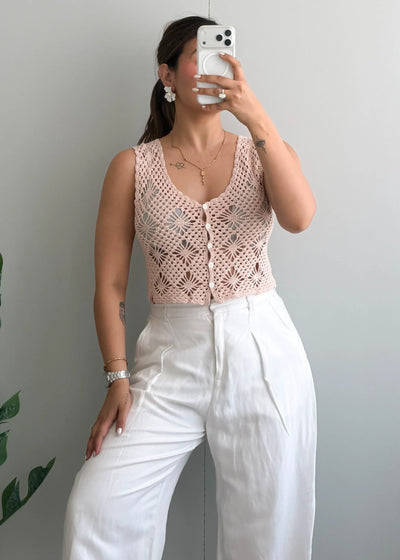 Size XS-S, Blush Crochet Button Front Top - Closet by Payal