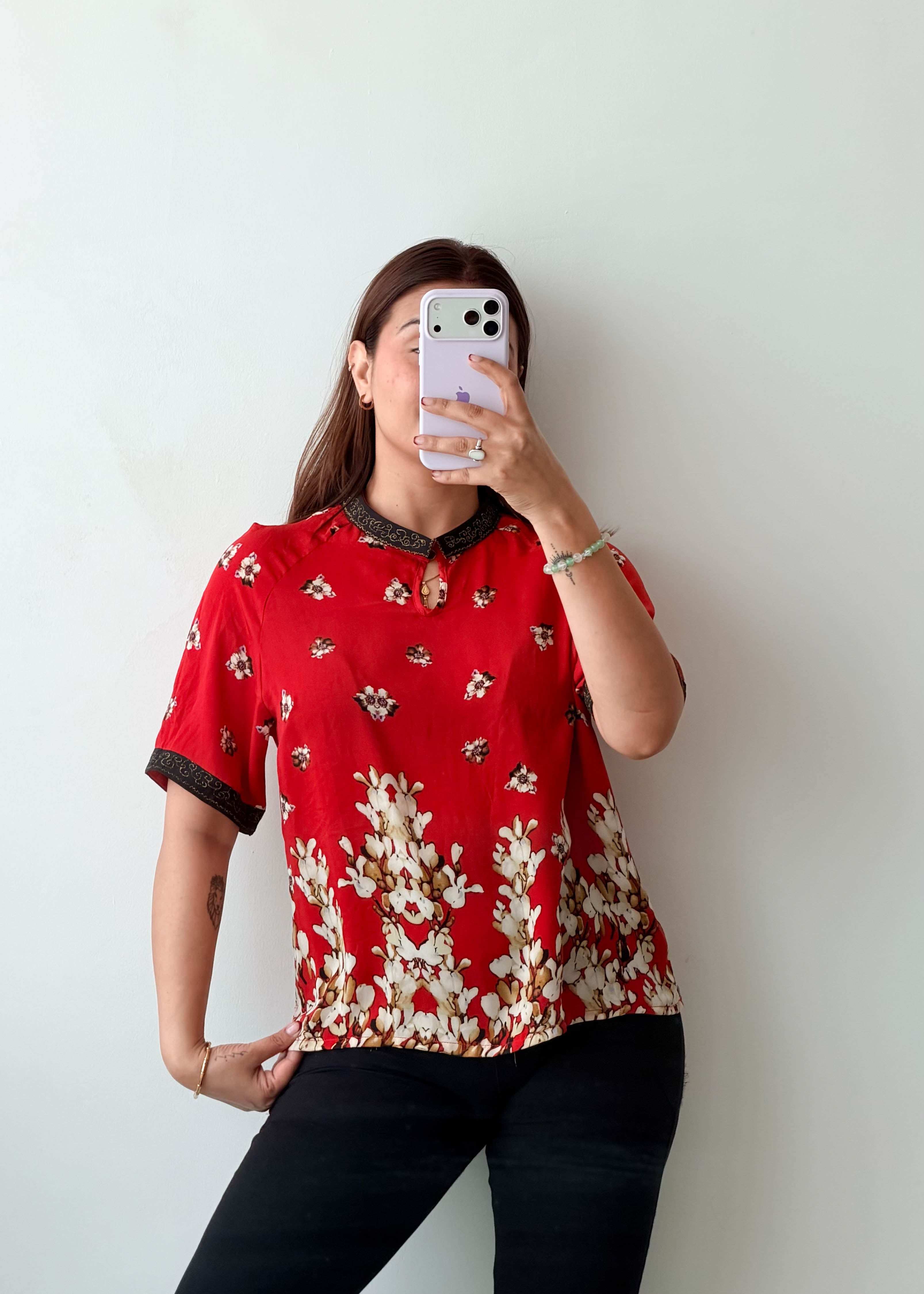 S-M Red Floral Mandarin Collar Top