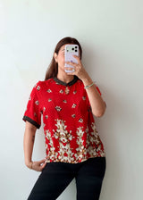S-M Red Floral Mandarin Collar Top