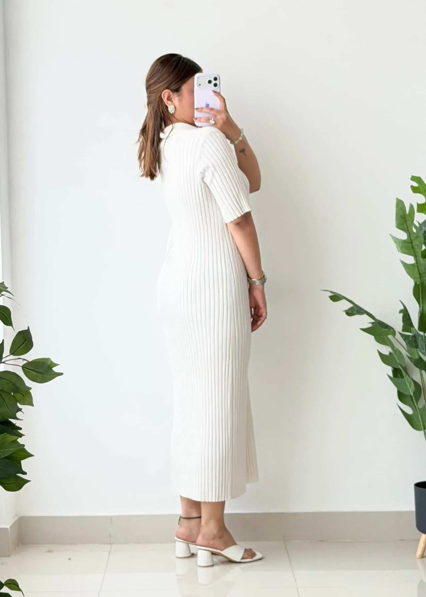 Size L-XL, White Collared Ribbed Maxi Dress - Closet by Payal