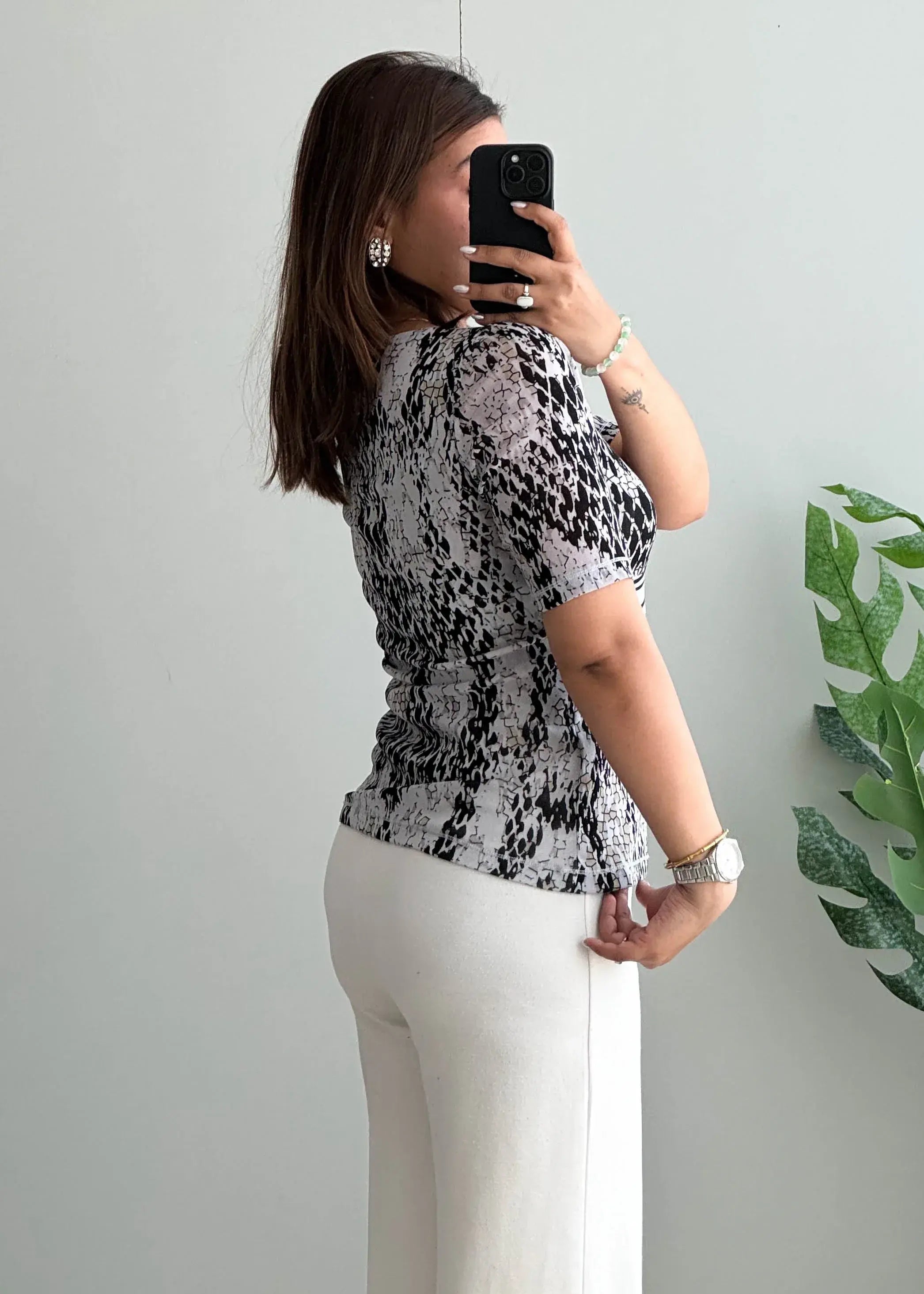 Size S-M, Y2K Black White Animal Print Scoop Neck Top - Closet by Payal