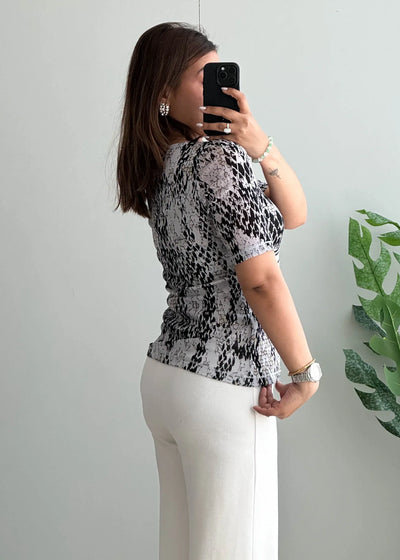 Size S-M, Y2K Black White Animal Print Scoop Neck Top - Closet by Payal