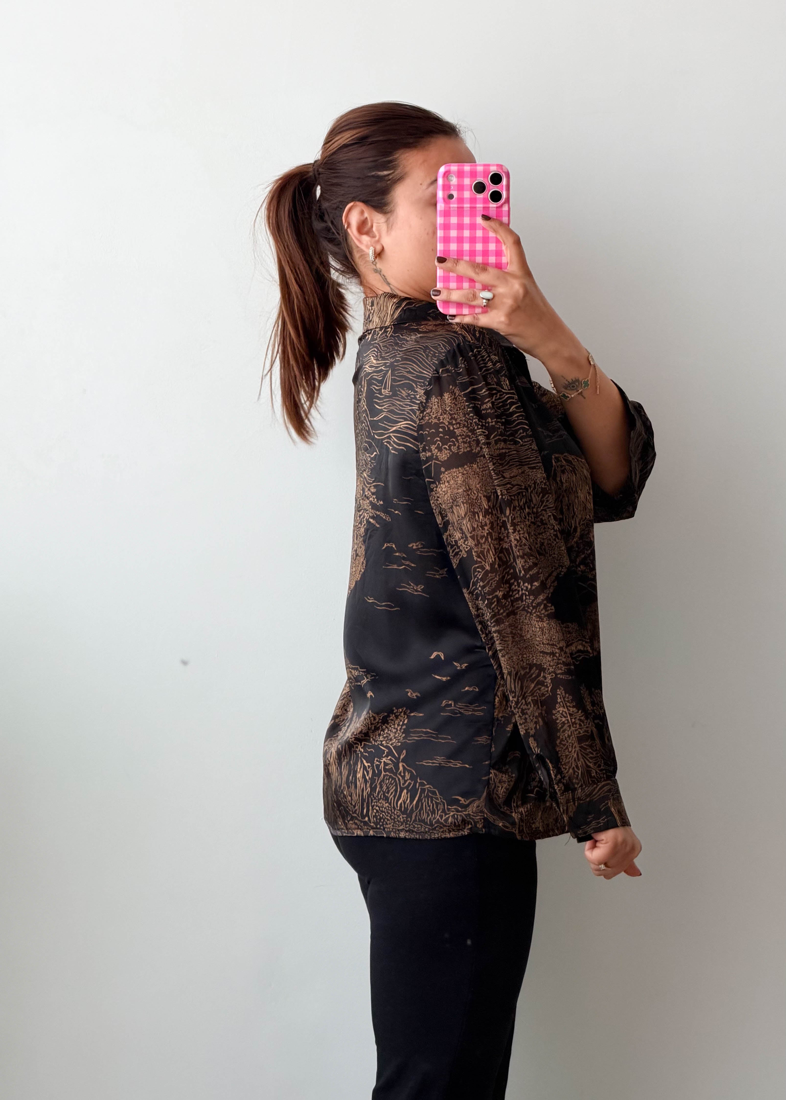 Size S-M Black Brown Scenic Print Shirt Top