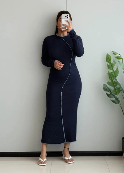 SIZE M-L, Navy Long Sleeve Midi Jersey Dress - Closet by Payal