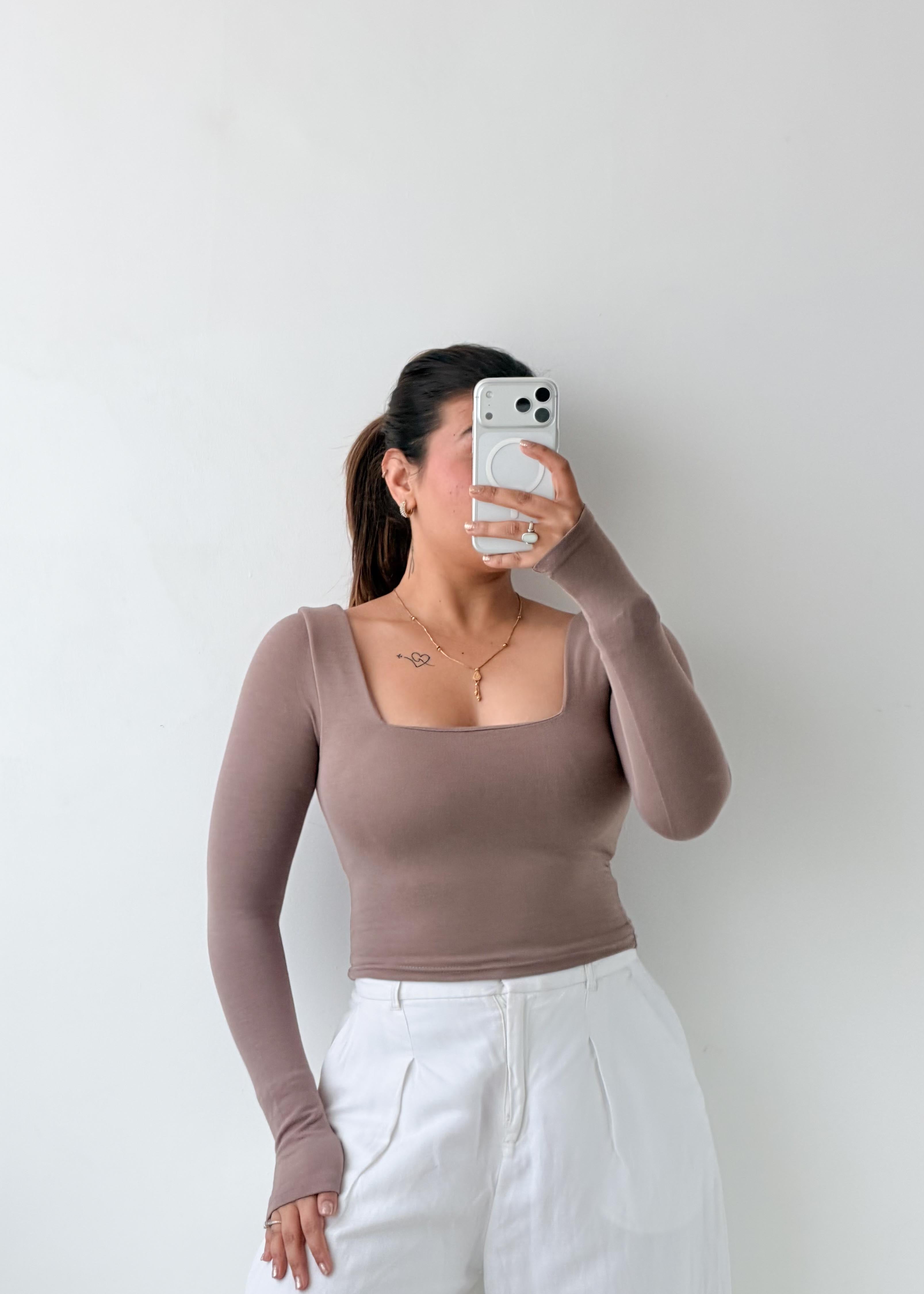 Size S-M Taupe Square Neck Long Sleeve Top