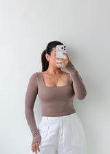 Size S-M Taupe Square Neck Long Sleeve Top