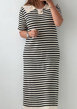 Size M-L Black & White Stripe Collared Knit Midi Dress
