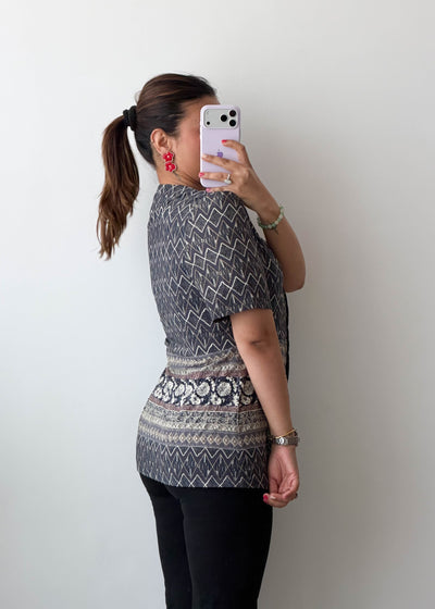 XS-S Grey Ethnic Print Cotton Voile Shirt Top