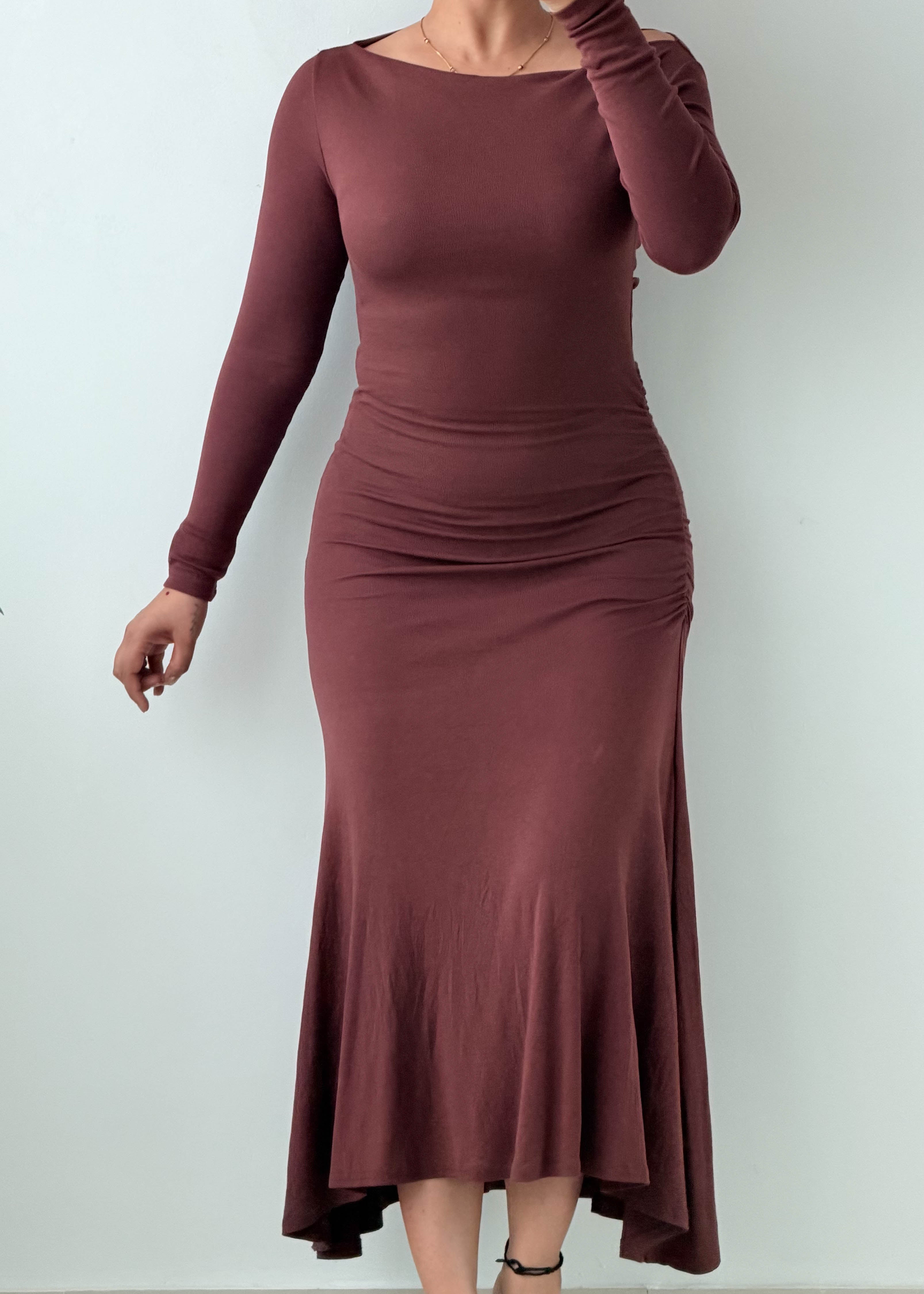 Size XS-M Brown Off-Shoulder Ruched Midi Dress