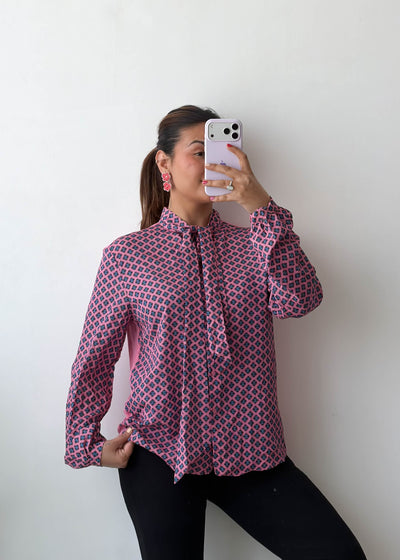 L-XL Pink Geometric Tie Neck Soft Chiffon Shirt