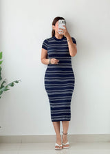 Size M-L Navy Striped Ribbed Midi Dress
