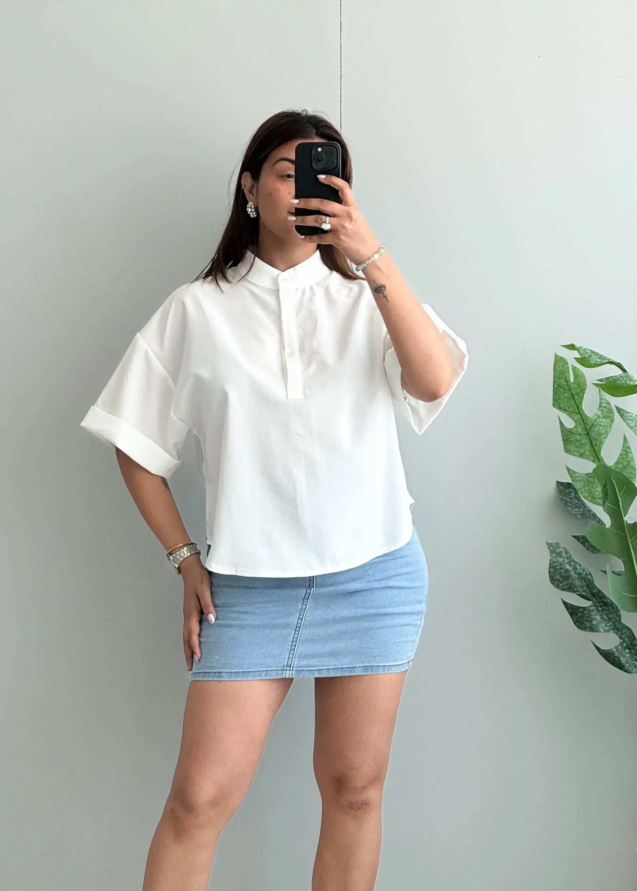 Size S-M, Minimal White Mandarin Collar Blouse for Women - Closet by Payal