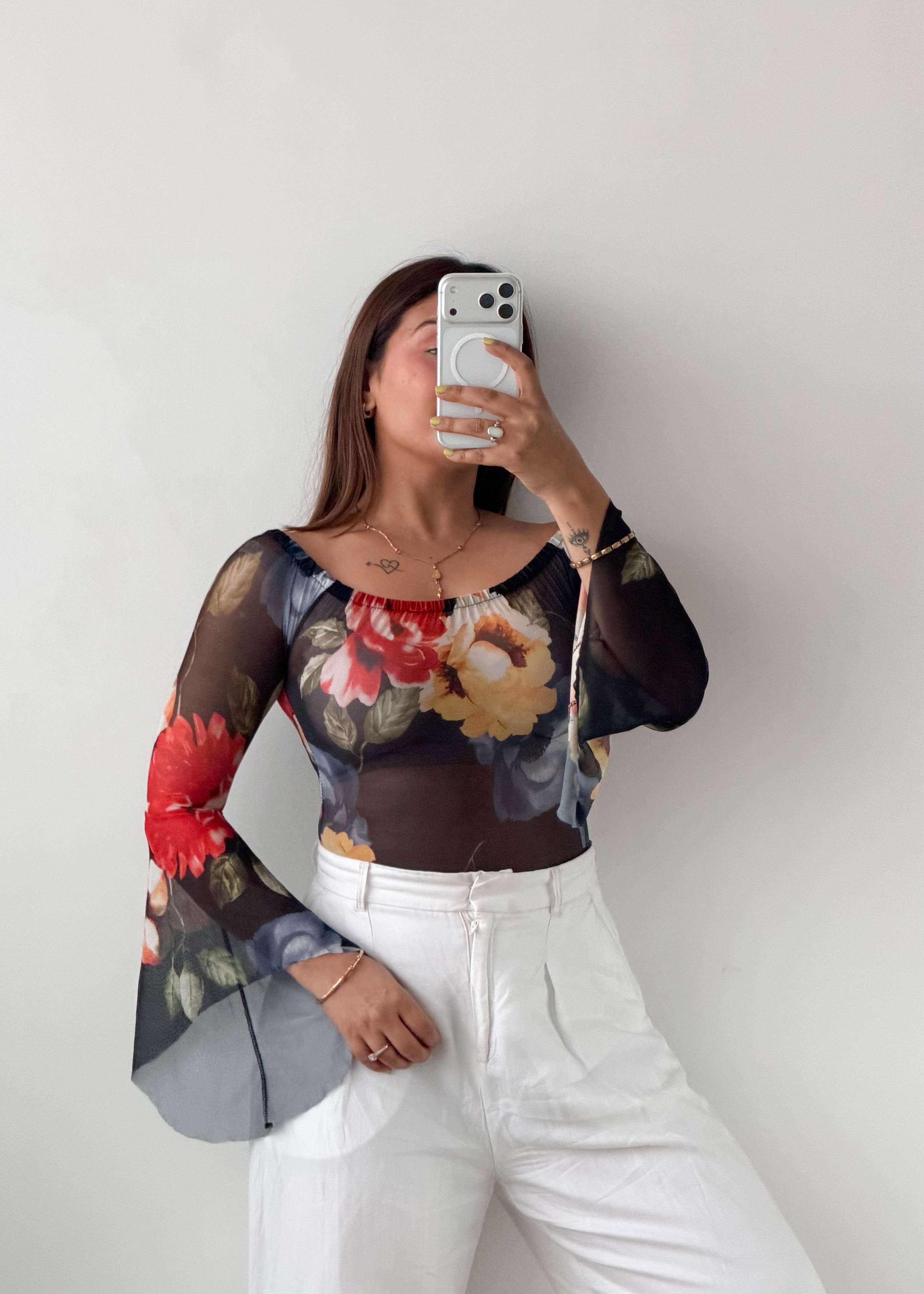 Size S-M Black Floral Mesh Bodysuit