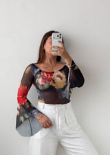 Size S-M Black Floral Mesh Bodysuit