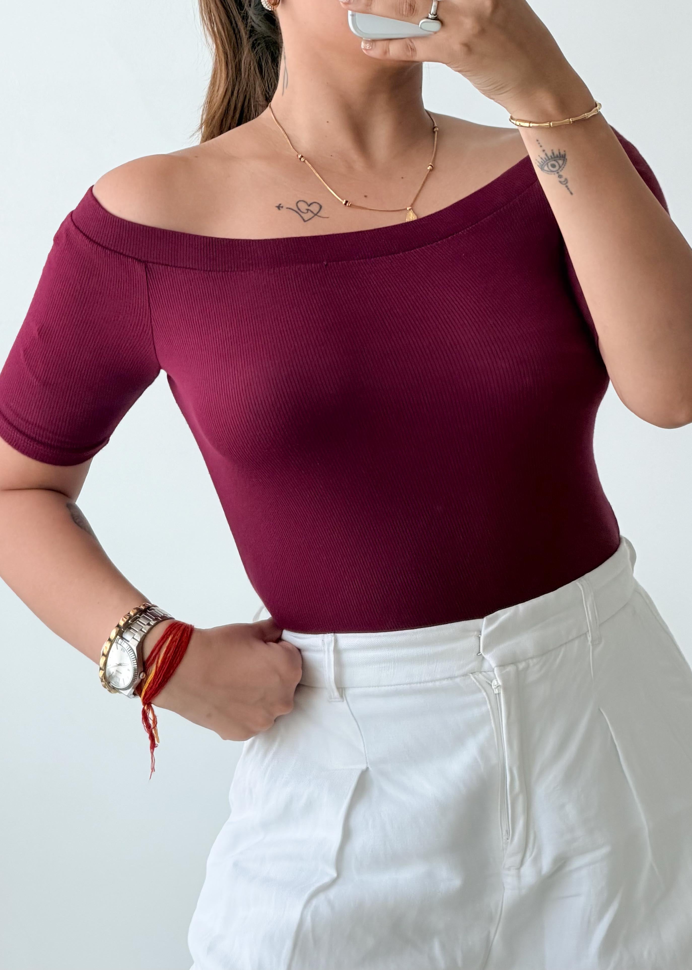 Size S-M Wine Off-Shoulder Bodysuit