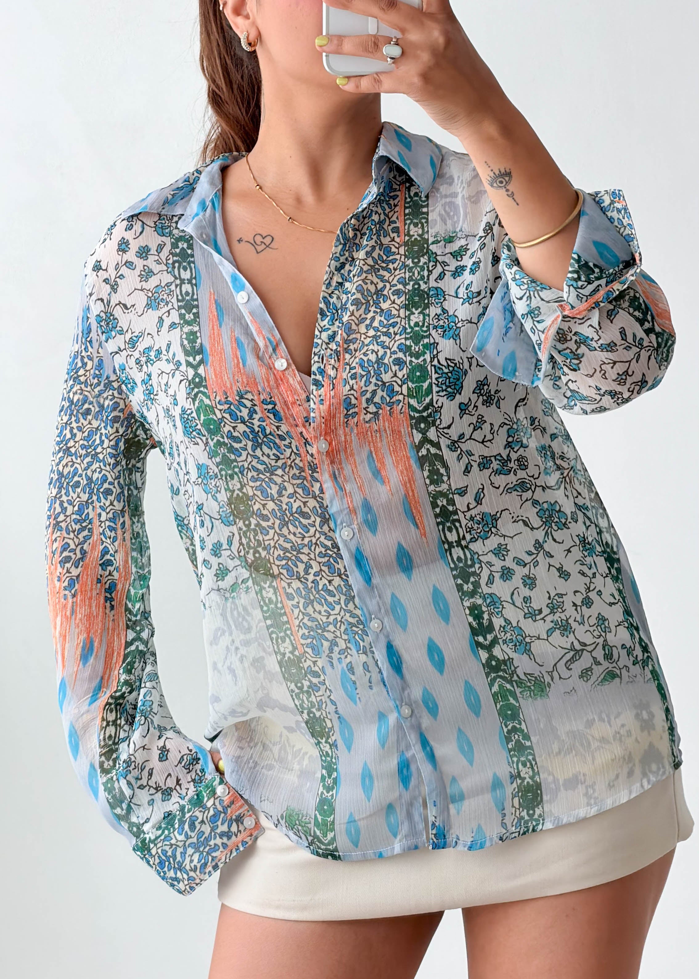 Size S-M Blue Mixed Print Tie-Neck Shirt