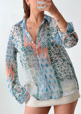 Size S-M Blue Mixed Print Tie-Neck Shirt
