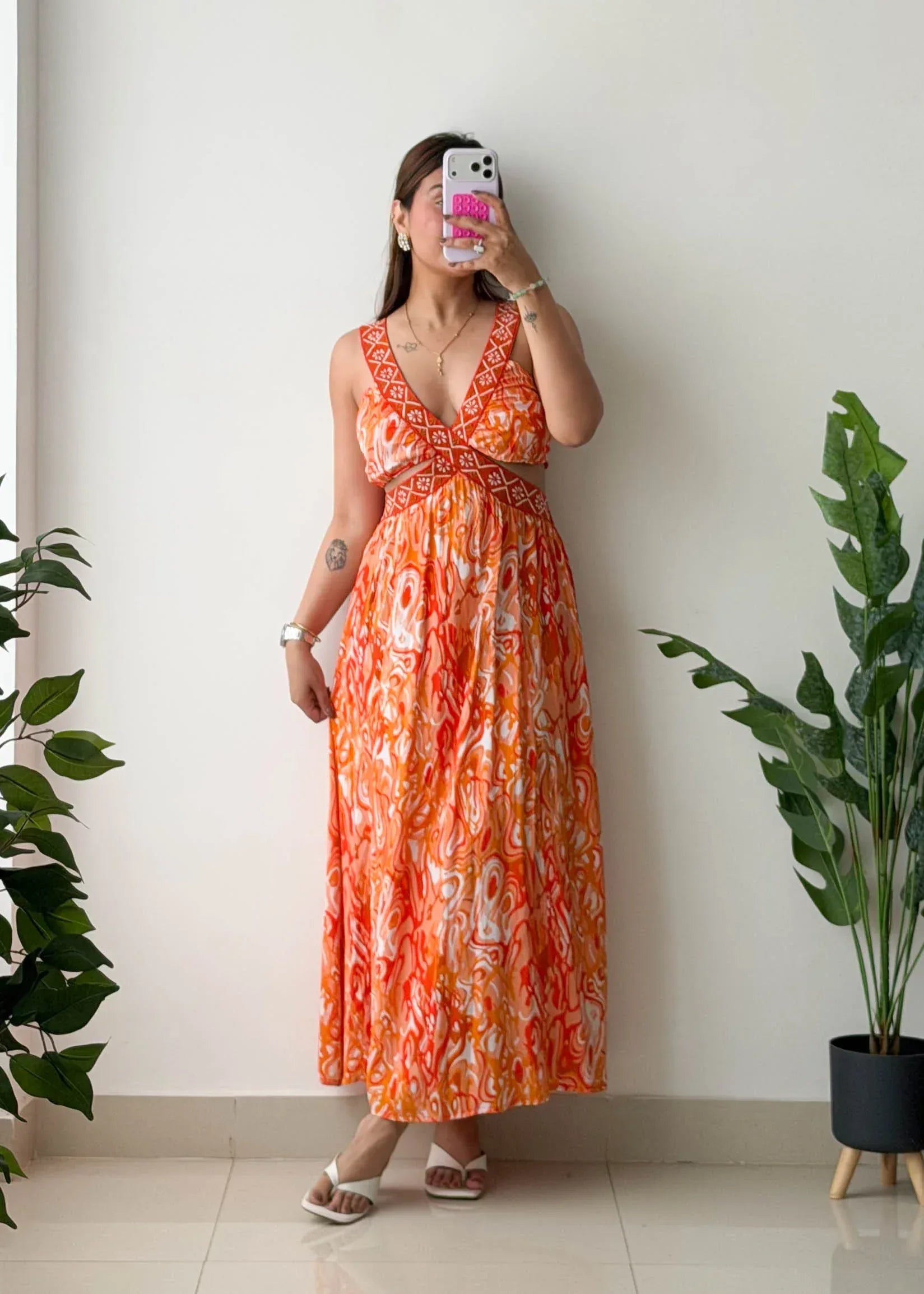 Size XS-S, Orange Abstract Print Maxi Dress