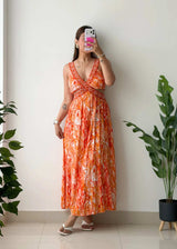 Size XS-S, Orange Abstract Print Maxi Dress