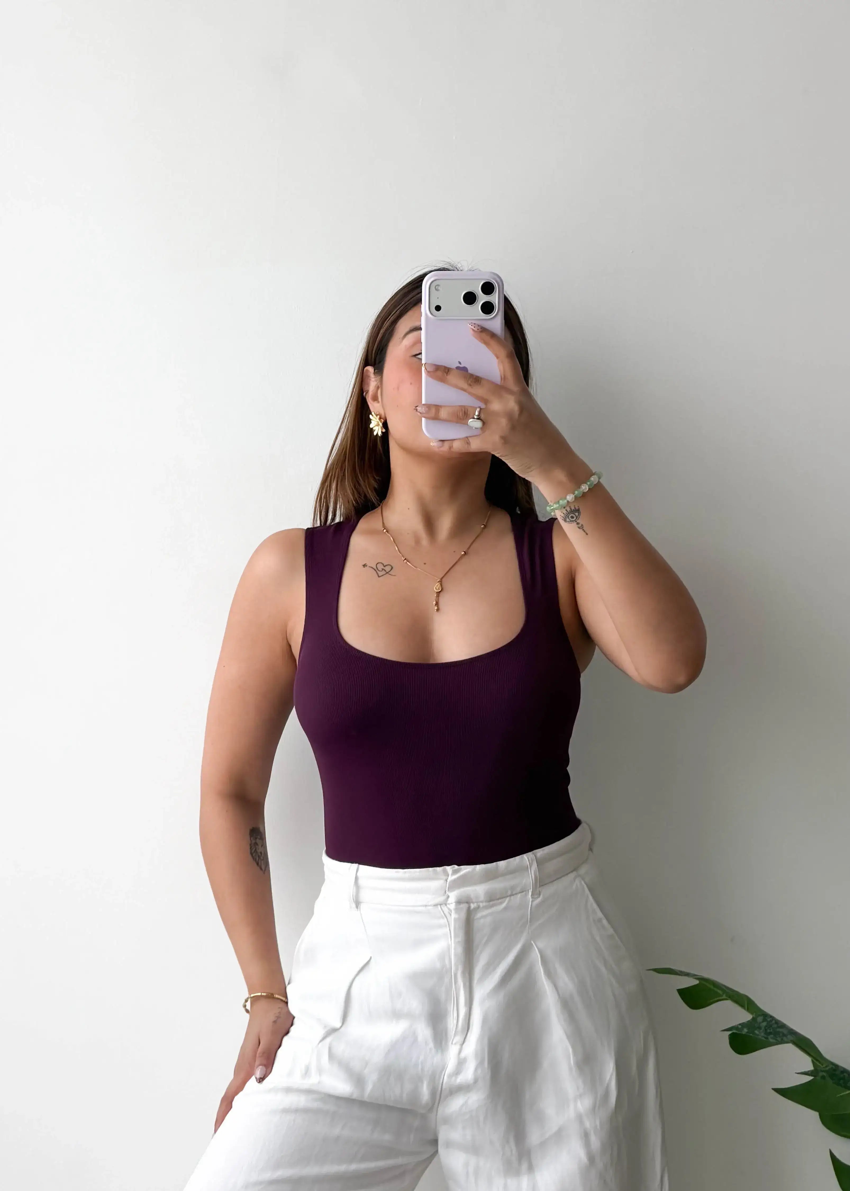 Size S, Plum Scoop Neck Sleeveless Bodysuit