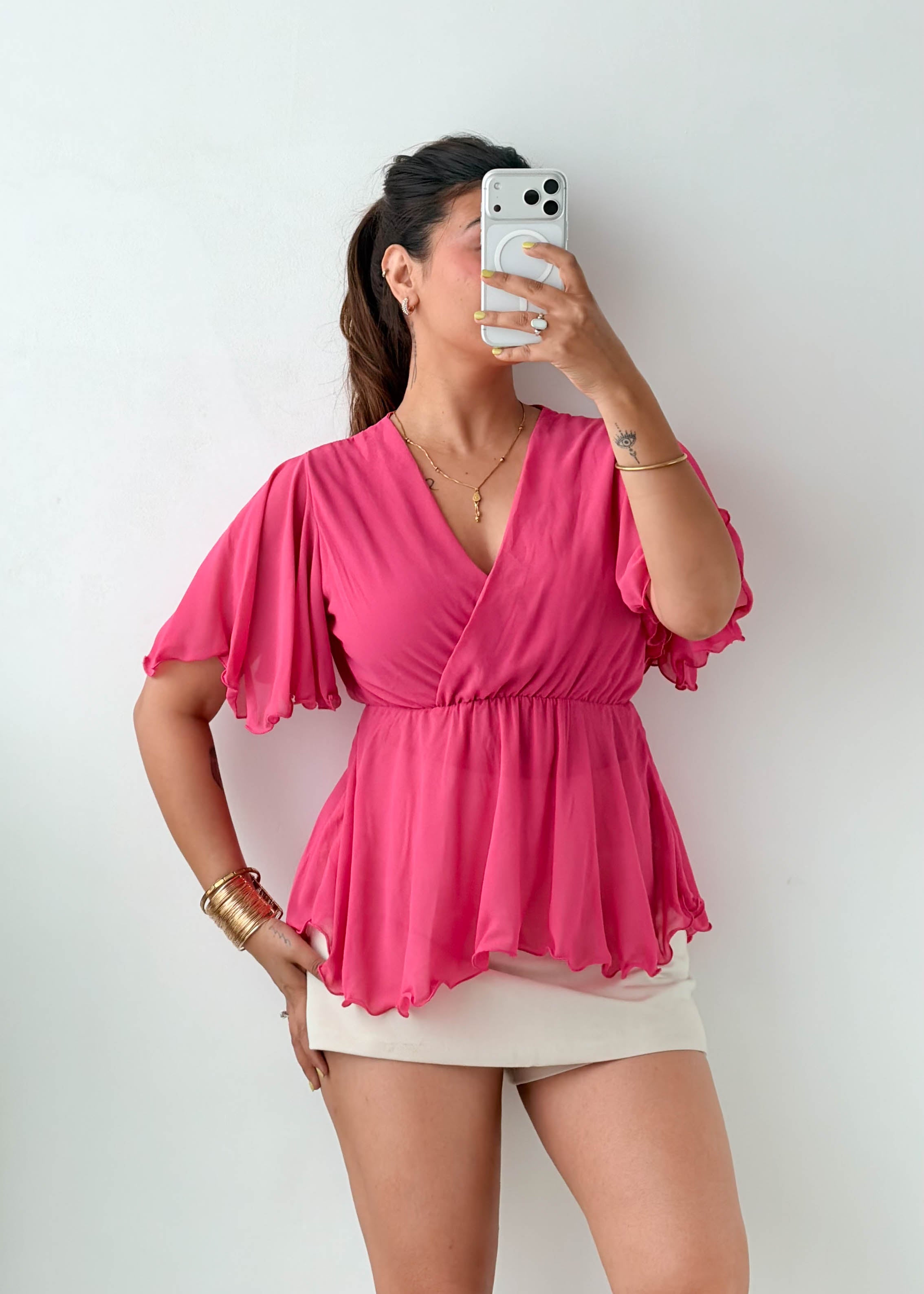 Size XS-S Pink Chiffon Wrap Peplum Top