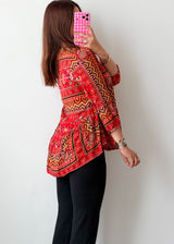 Size M-L Red Boho Print Peplum Tunic Top