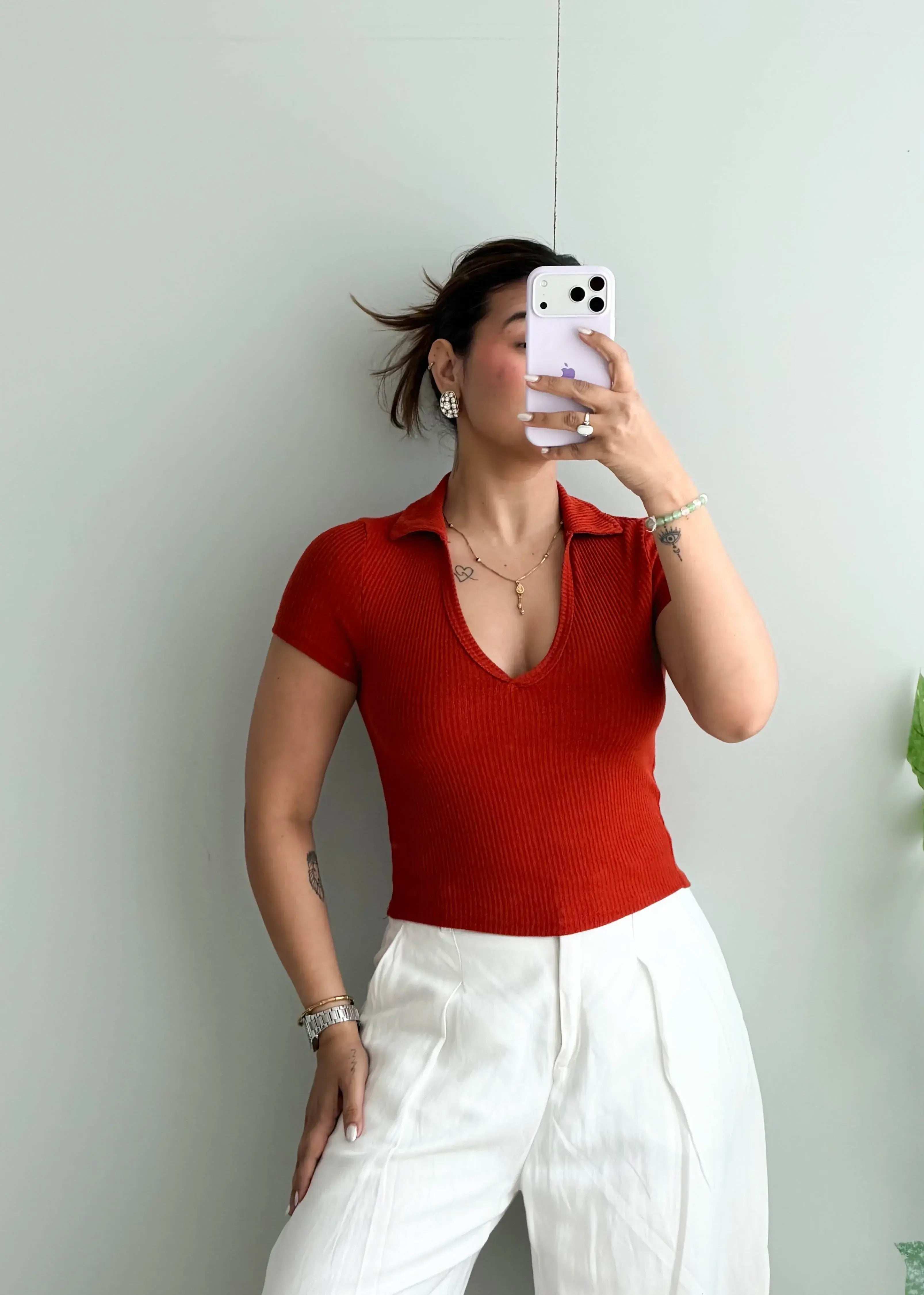 Size S-M, Red Collared Ribbed Top - Closet by Payal