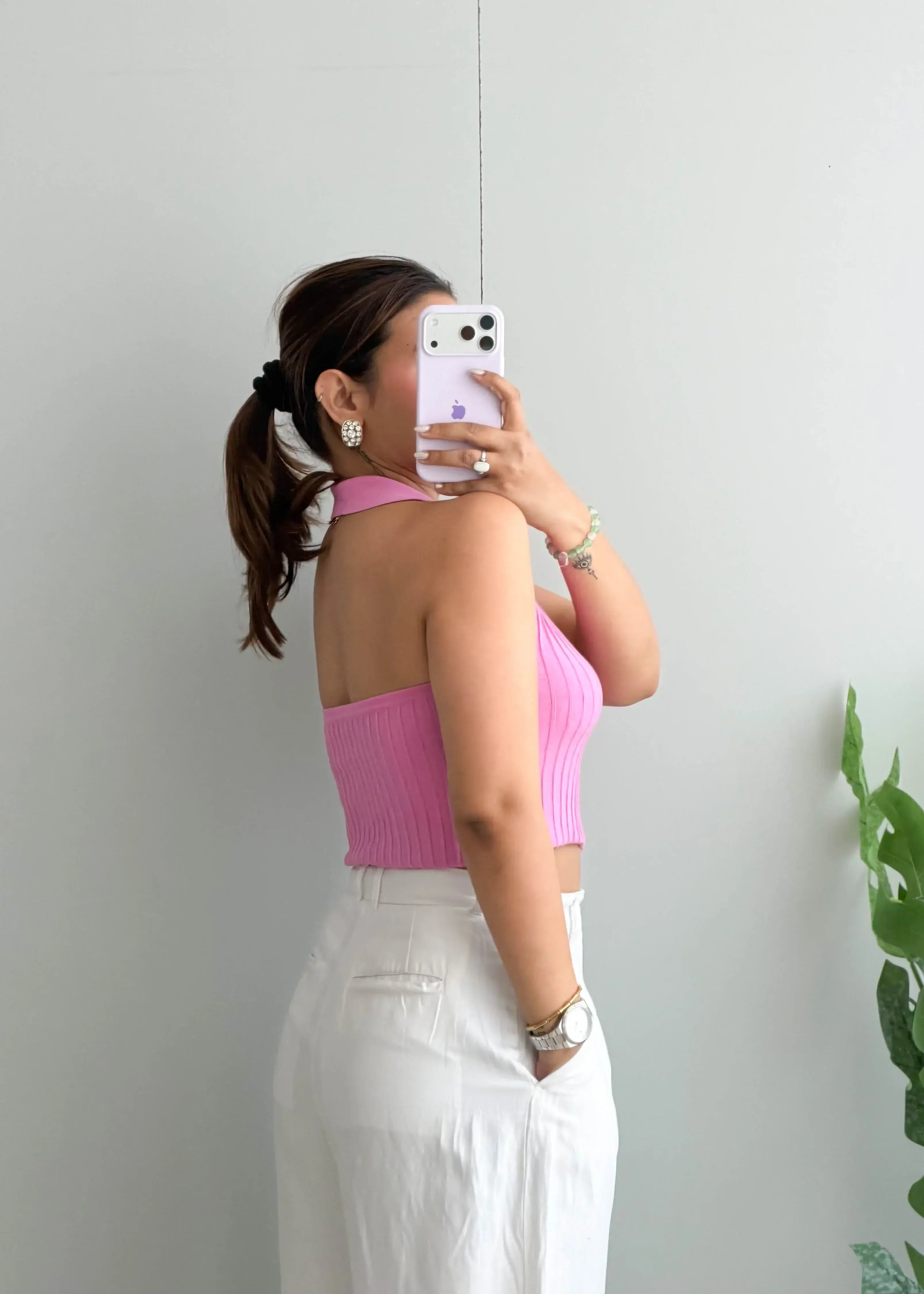Size S-M, Pink Collared Ribbed Crop Top - Closet by Payal