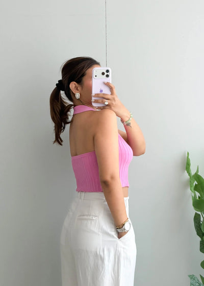 Size S-M, Pink Collared Ribbed Crop Top - Closet by Payal