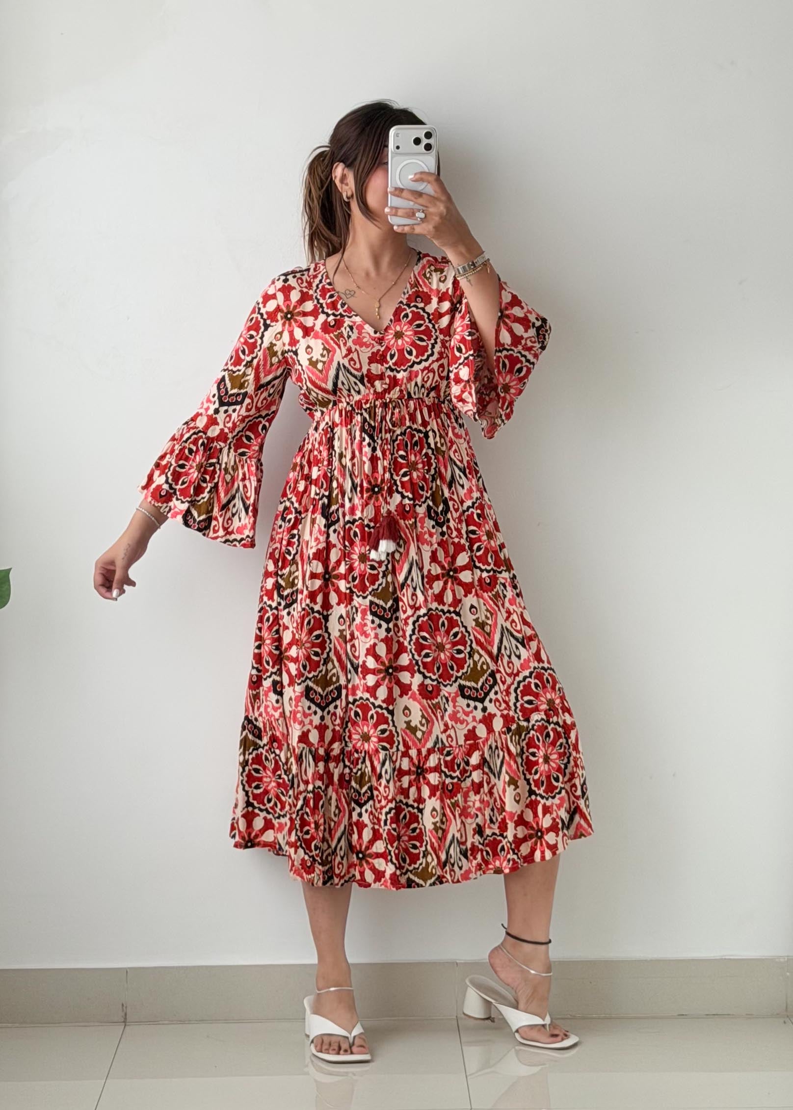 Size S-M Red Floral Print Maxi Dress