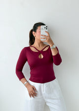 Size S-M Wine Cutout Long Sleeve Top