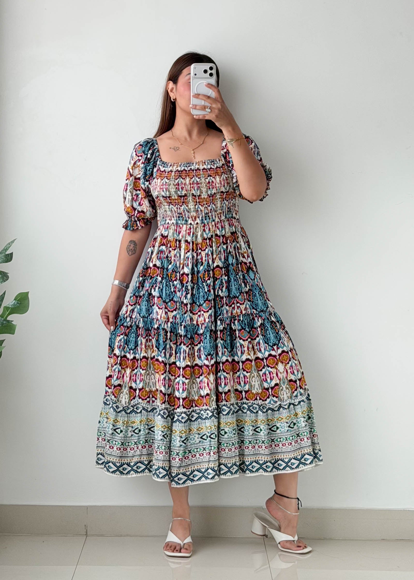 Size M-L Multicolor Printed Smocked Midi Dress