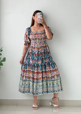 Size M-L Multicolor Printed Smocked Midi Dress