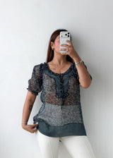Size S-M Black Sheer Printed Blouse