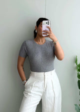 Size S-M, Grey Ribbed Half Sleeve Top - Closet by Payal