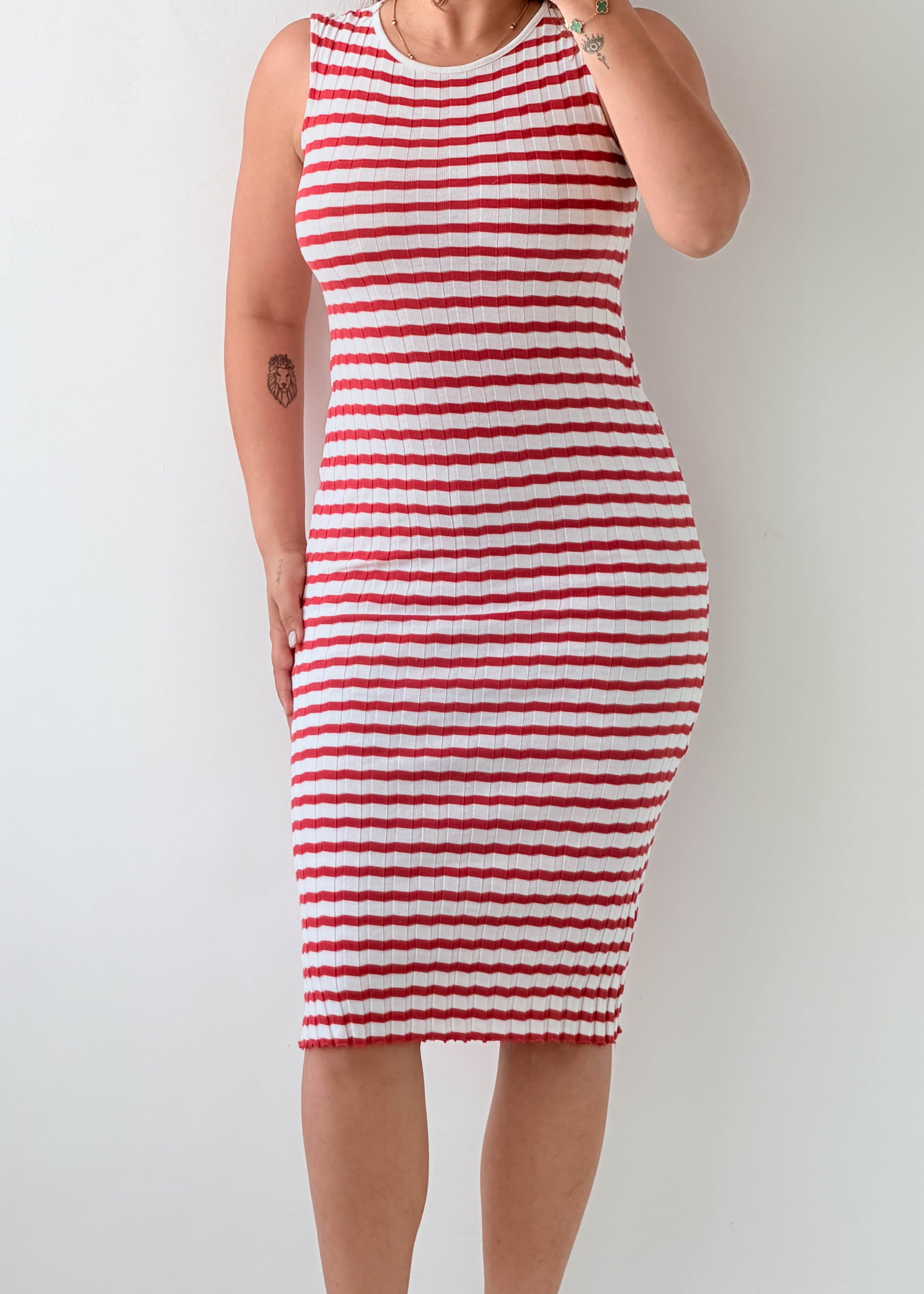 Size XS-S Red & White Striped Bodycon Midi Dress