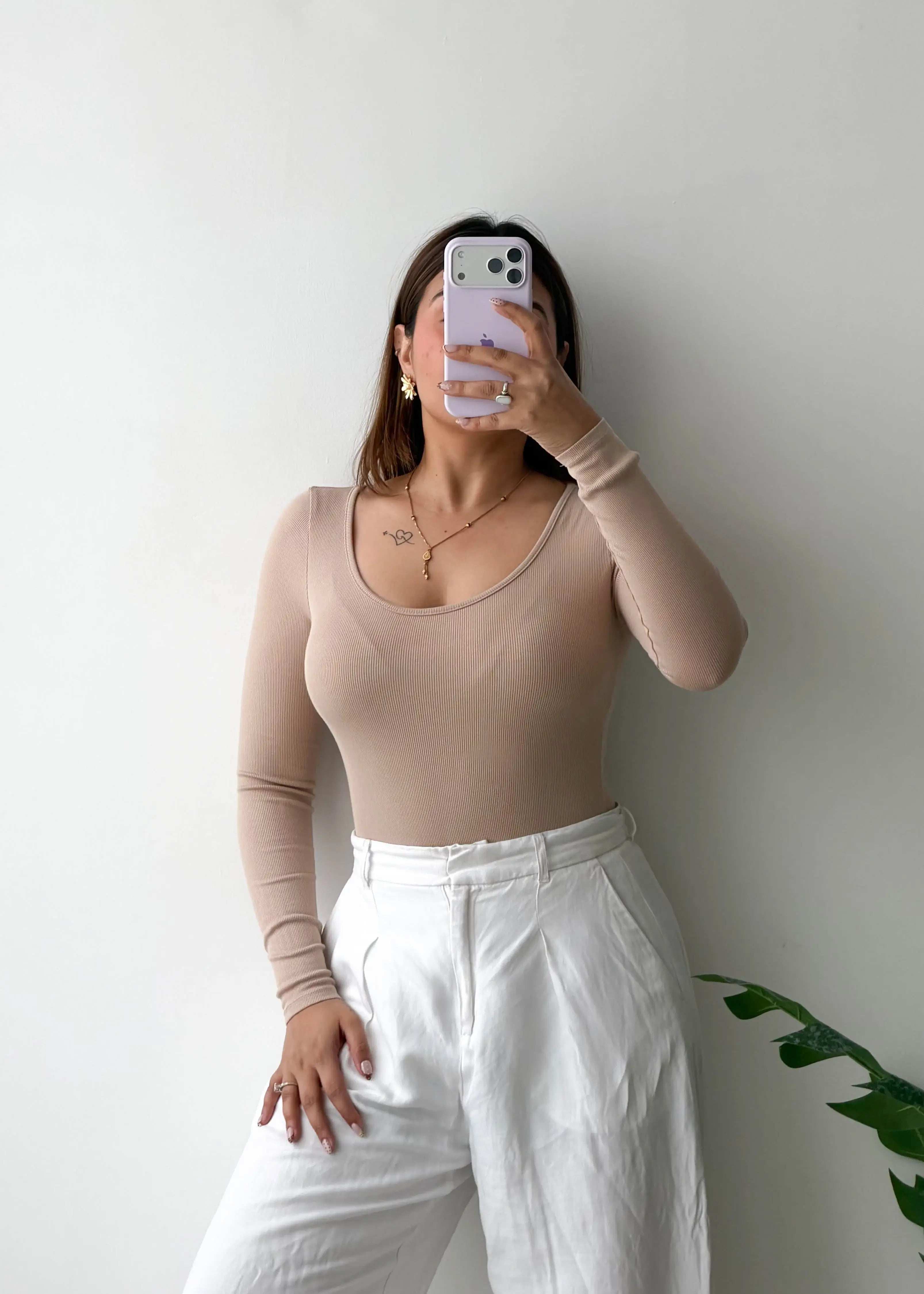 Size XS-S, Beige Scoop Neck Full Sleeve Bodysuit