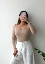 Size XS-S, Beige Scoop Neck Full Sleeve Bodysuit