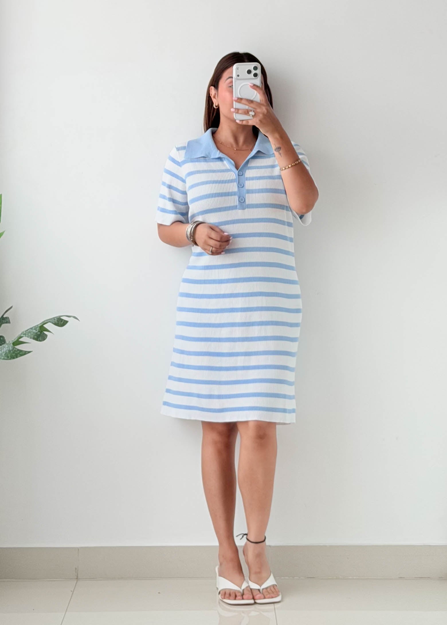 Size XL-2XL Sky Blue Striped Polo Knit Dress