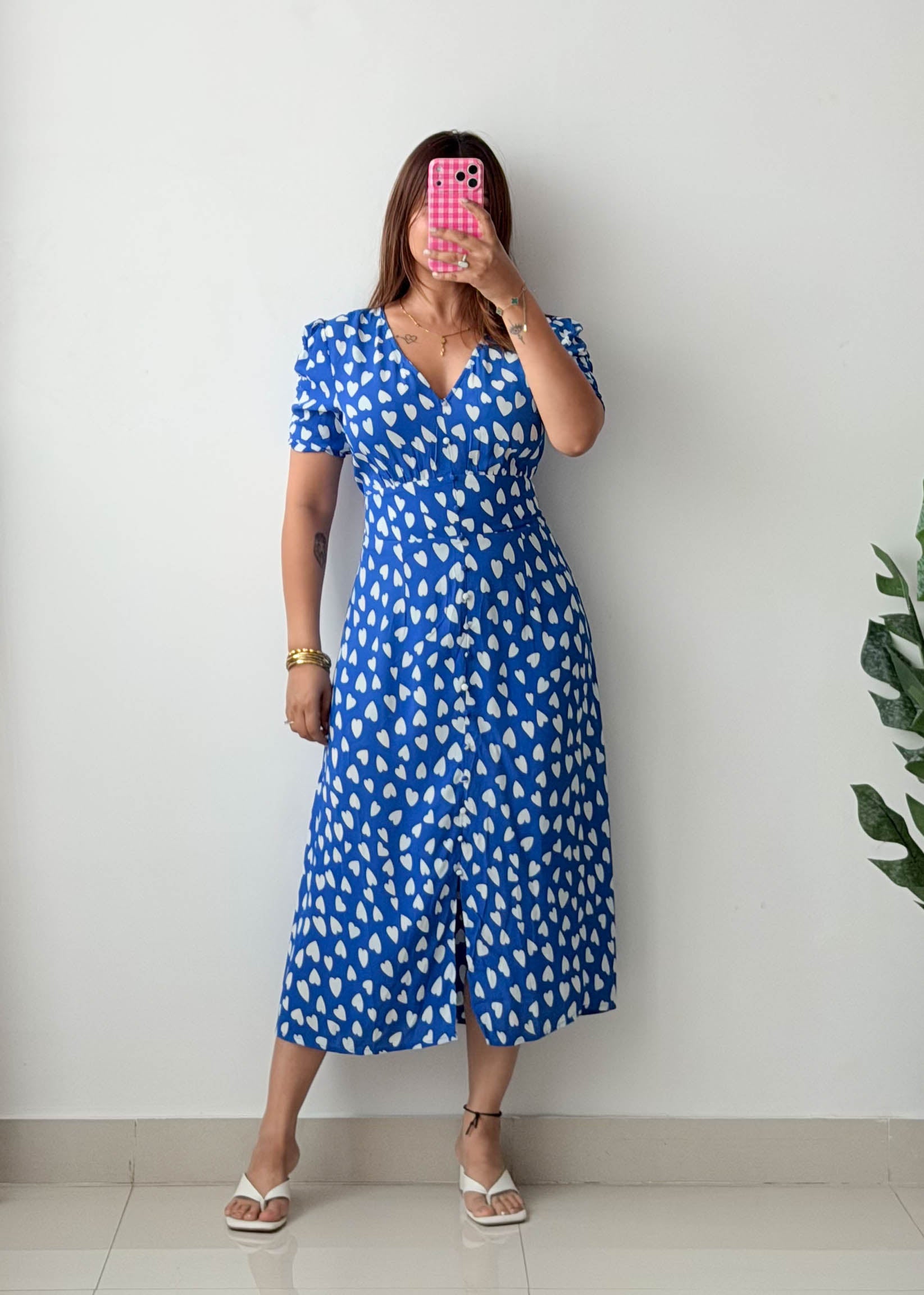 Size M-L Blue Heart Print Midi Dress