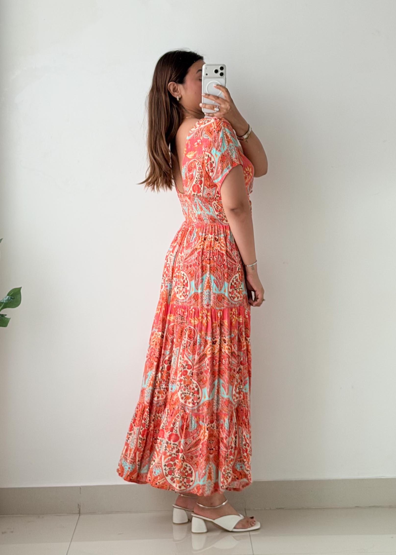 Size XS-S Coral Paisley Print Maxi Dress